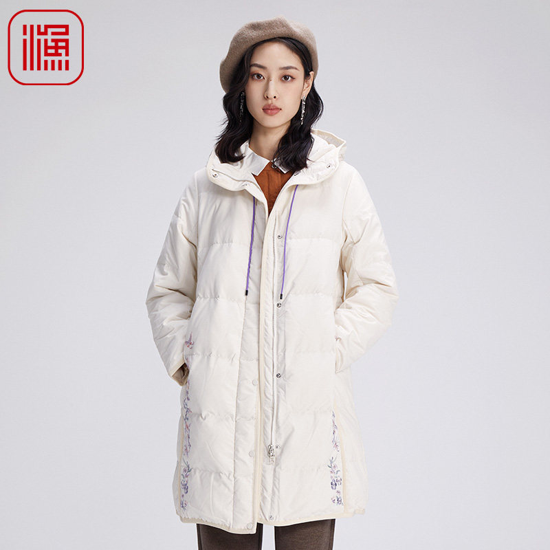 渔女装羽绒服女款新款秋冬鸭绒中长简约绣花休闲外套FGGD5083