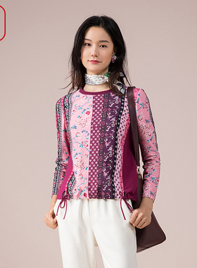 渔牌女装春秋季新款长袖T恤女圆领撞色印花H型上衣女FGEC2008