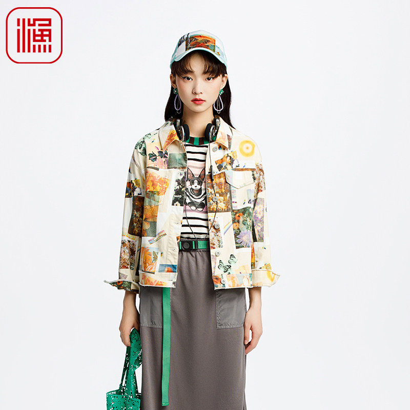 渔牌女装春装女款2025年新款印花撞色休闲工装短外套FGHA3095