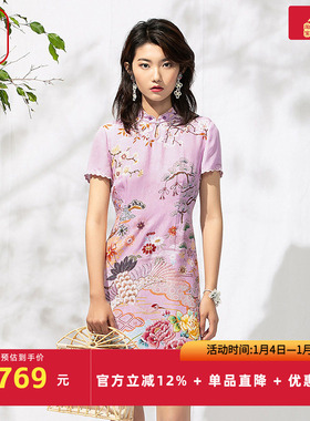 渔女装气质连衣裙年新款古典真丝桑蚕丝印花改良旗袍FGEB0079