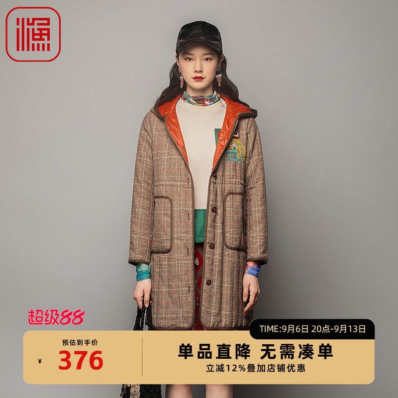 渔服饰棉服女新款冬季小方格子带帽中长款棉衣FGFD4022