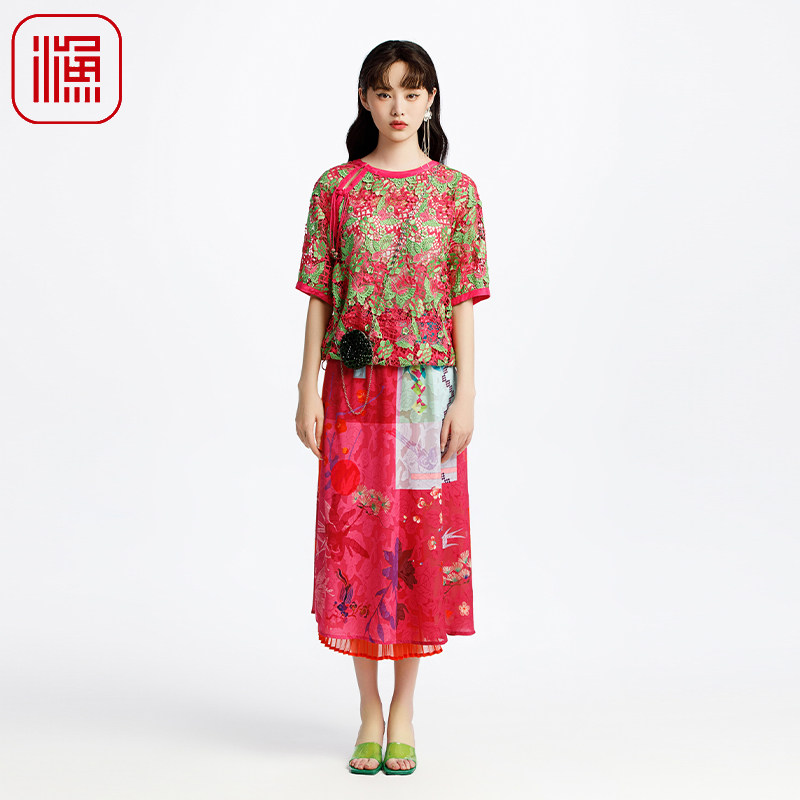 渔牌女装短袖t恤女2025新款新中式复古盘扣刺绣花短上衣FGHA2230