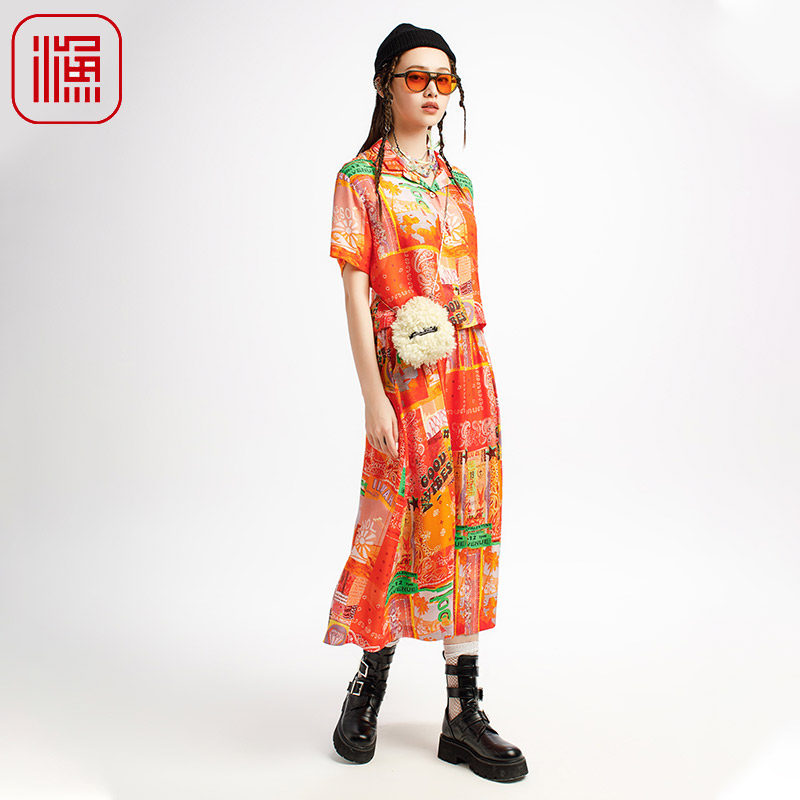渔牌女装半身裙2025夏季新款时尚个性印花撞色中长款宽松休闲裙子