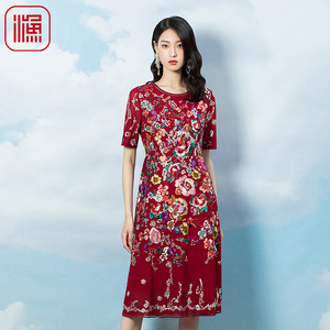 渔牌女装春款女装新款雪纺满底重工国风绣花连衣裙FGFA0128