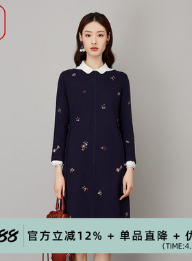 渔牌女装秋装女新款呢刺绣针织系带收腰连衣裙FGFC0015