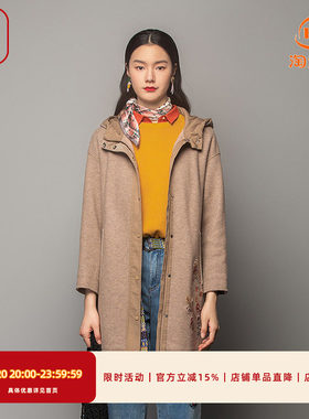 渔牌女装大衣女款新款加厚针织带帽长款毛呢外套FGFD3058