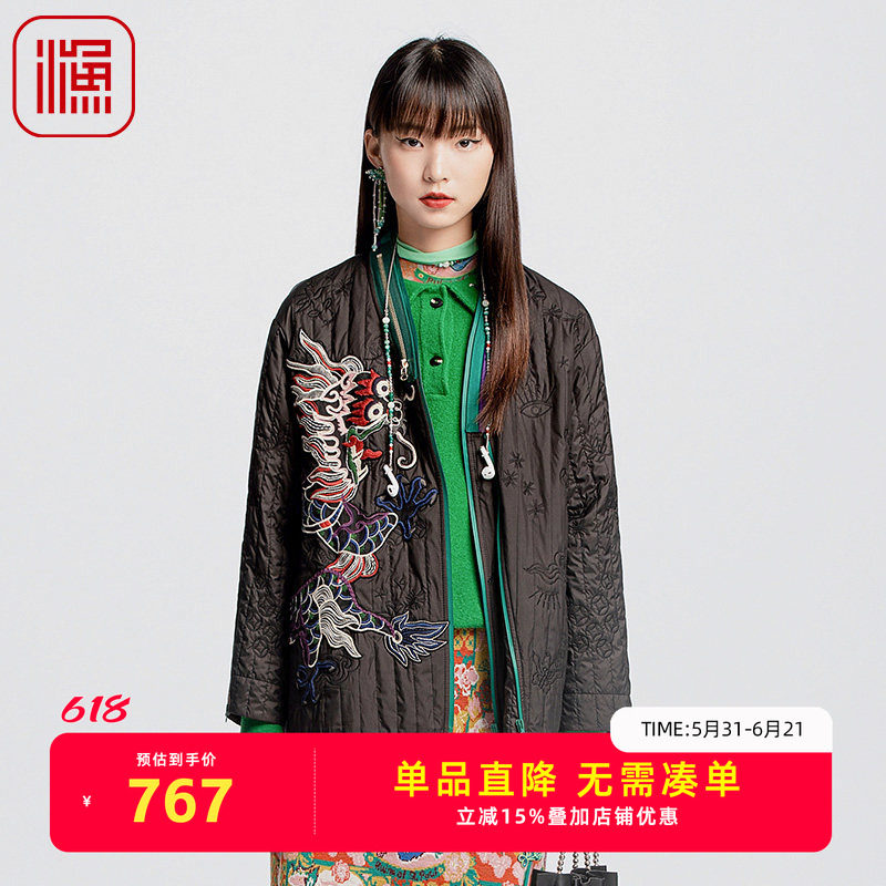 渔牌女装棉服女年新款秋冬季国潮龙绣花V领棉衣外套FGGD4026