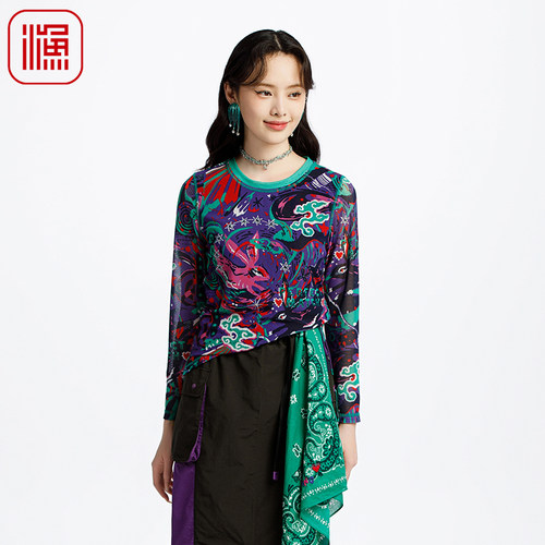 FISHING女装t恤女2025新款格子印花雪纺弹力长袖上衣FGHA2005