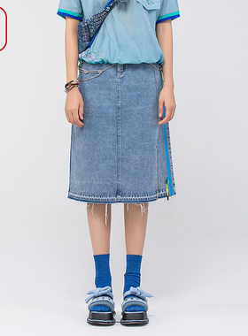 渔服饰半身裙女新款纯棉全棉水洗拼接牛仔绣花A字裙FGGB7003