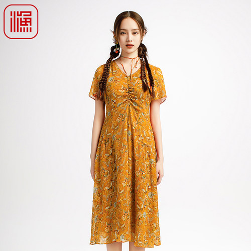 FISHING女装连衣裙女2025新款夏季轻薄桑蚕丝印花V领裙子FGHB0017
