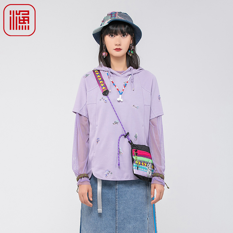 渔牌女装卫衣女款新款春夏刺绣花棉短袖连帽休闲上衣FGGA2509