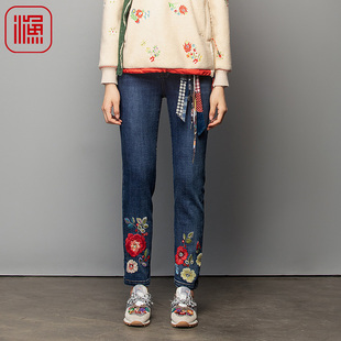 原创复古绣花直筒休闲裤 渔女装 新款 女春秋季 子FGFC6016 牛仔裤