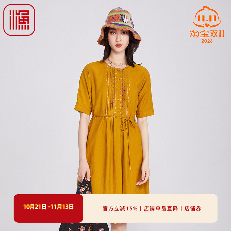 渔牌女装2025春季流行单品压皱绣花系带收腰花边连衣裙子FGHA0063