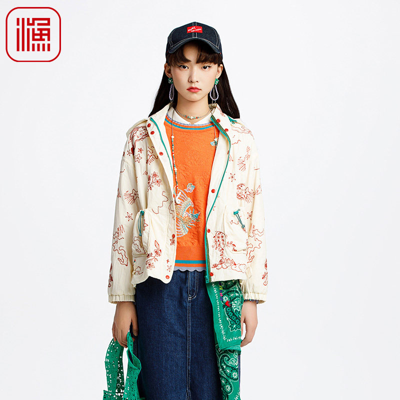 渔牌女装女士外套春夏款2025新款绣花带帽休闲棉衣短外套FGHA4001