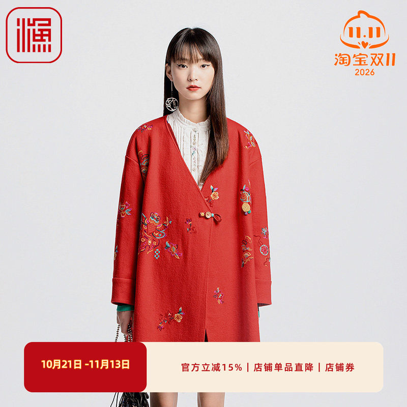 FISHING大衣女款新款秋冬季大V领新中式针织毛呢外套FGGD3229