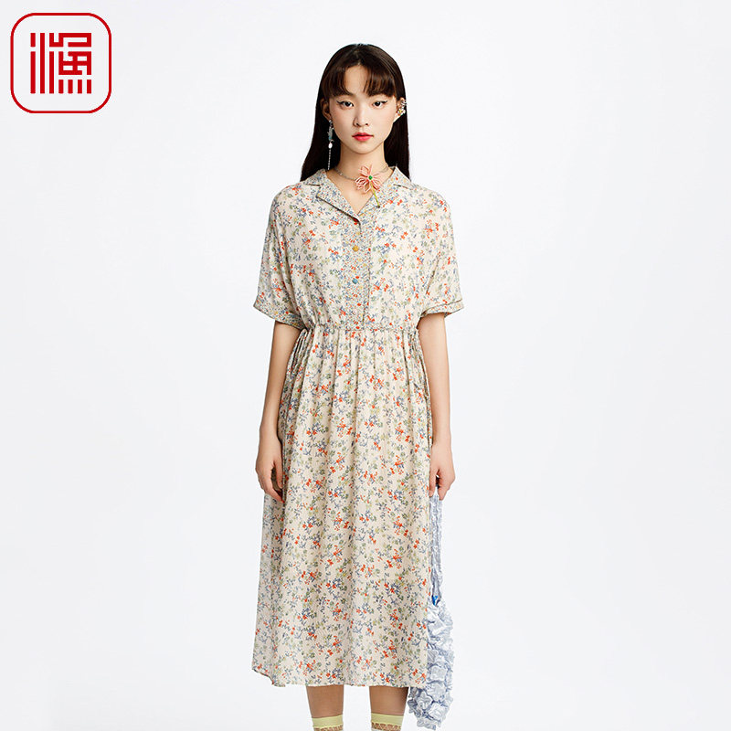 渔牌女装2025初夏穿搭桑蚕丝小碎印花收腰休闲连衣裙百搭FGHA0030