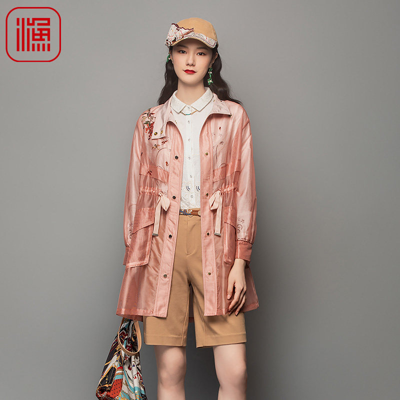渔牌女装风衣女款新款绣花抽绳收腰休闲雪纺风衣外套FGFC3052