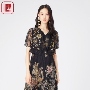 渔牌女装风衣女款新款镂空薄款精致绣花短袖女短外套FGGA3069