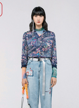 渔春装女年新款女高端桑蚕真丝印花长袖时尚个性衬衫FGGA2256