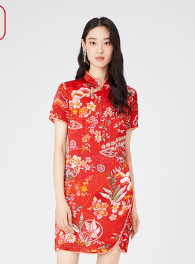 渔牌中国风女装新款春夏桑蚕真丝古典印花旗袍连衣裙FGGA0016