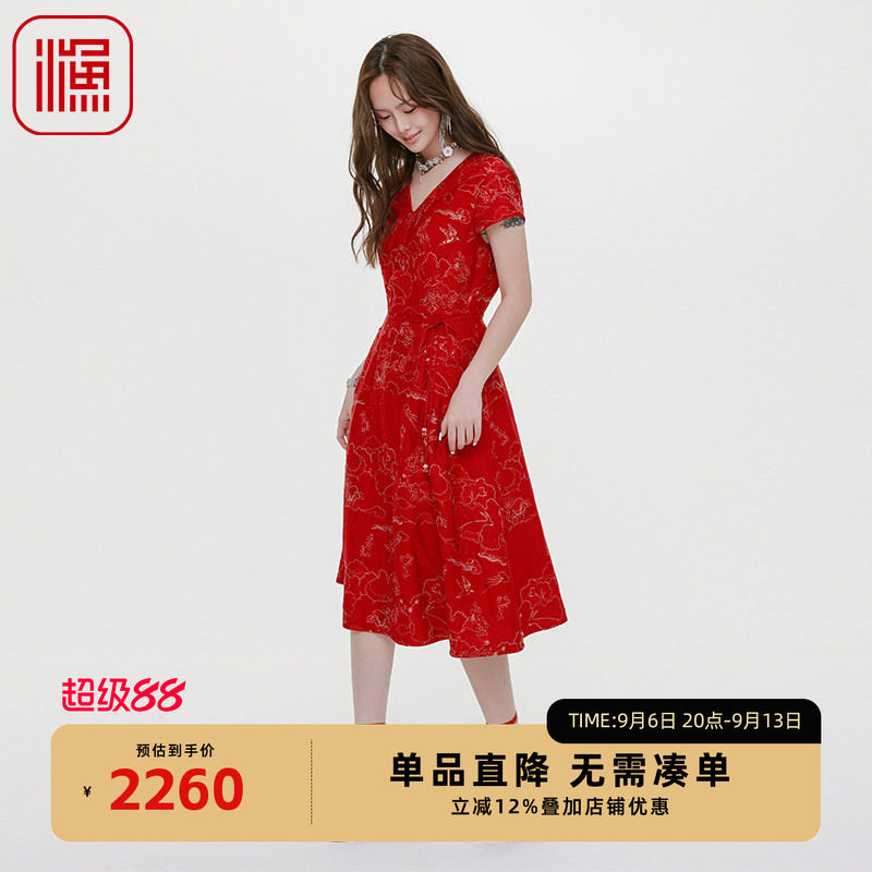 渔牌女2025早秋绣花连衣裙子优雅气质V领女裙重工高端礼服过膝裙