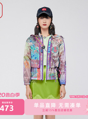 渔短外套女2024新款高端外春夏国潮印花连帽休闲风衣外套FGGB3032