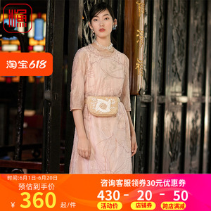 渔牌女装2022年新款夏天薄款天丝国风绣花休闲中袖连衣裙FGEB0042
