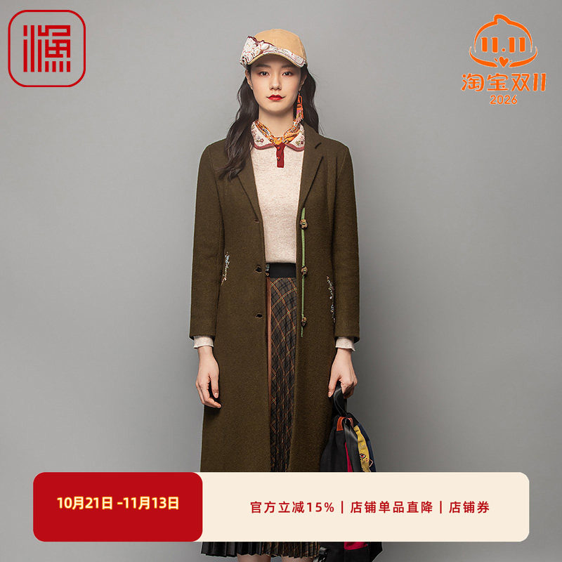 FISHING毛呢外套女新款西装领修身长款过膝呢料大衣FGFD3222
