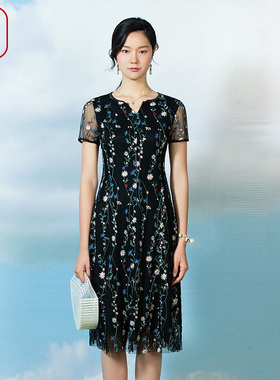 FISHING连衣裙夏季新款雪纺个性满身绣花V领过膝裙子FGFB0089