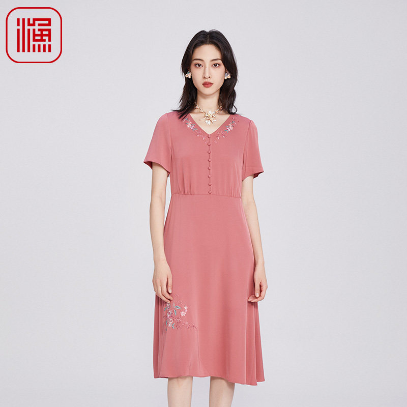FISHING女装2025夏季穿搭V领桑蚕丝休闲长款短袖连衣裙子FGHB0070