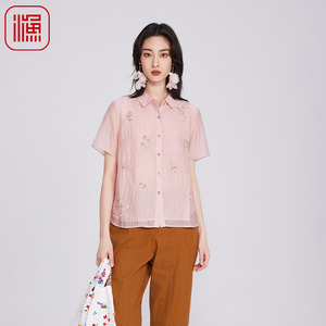 渔牌女装夏季2025年新款文艺减龄气质刺绣衬衫肌理感短袖翻领上衣