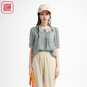 渔牌女装中式国风女装2025新款薄桑蚕丝微弹印花休闲衬衫FGHB2251