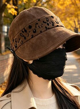 2026新款豹纹麂皮绒渔夫帽秋季英伦风可挂口罩帽子女款百搭鸭舌帽