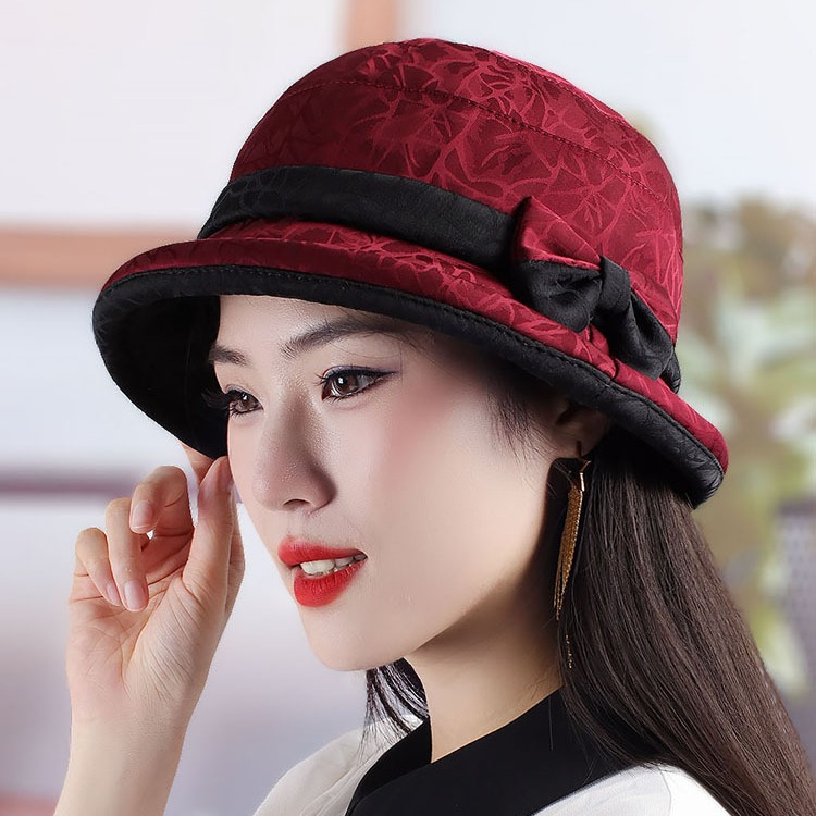 女士春秋季短檐渔夫帽子时尚双色蝴蝶结盆帽中年老年休闲逛街布帽