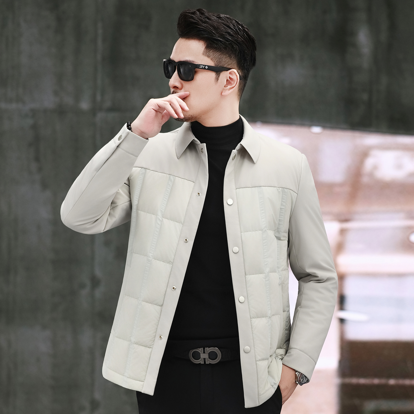 秋冬高端休闲羽绒服男士舒适保暖拼接时尚翻领修身轻薄白鸭绒外套