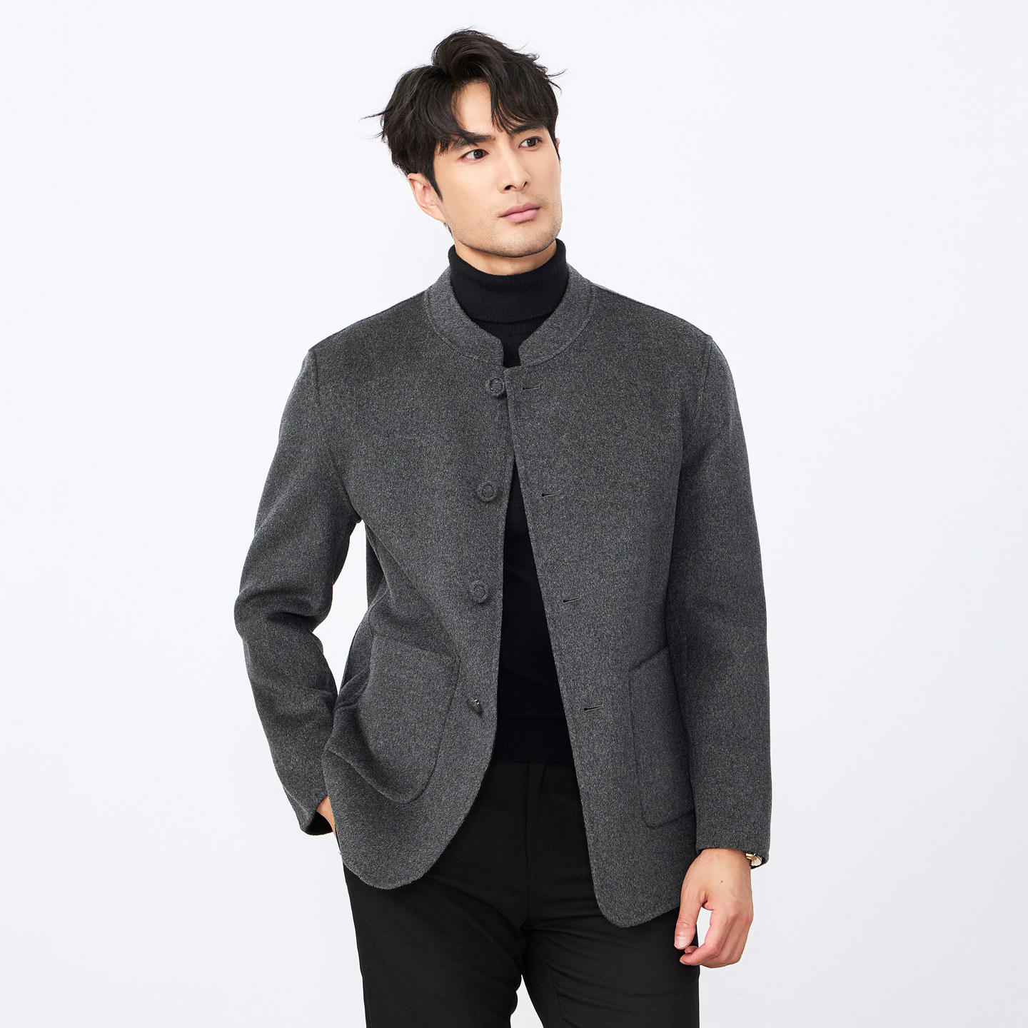 秋冬高端商务休闲毛呢外套男士舒适抗起球两面穿时尚立领羊毛夹克