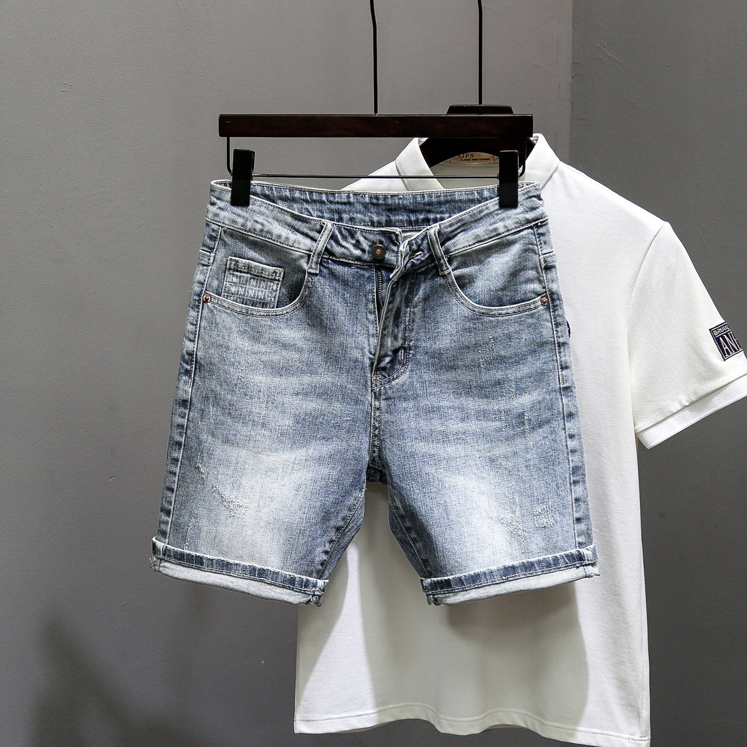 牛仔短裤男夏季新款个性印花潮牌五分裤韩版潮流修身小脚百搭中裤