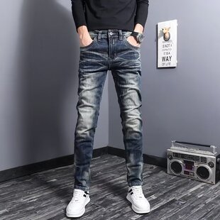 潮牌新款时尚猫须破洞男士牛仔裤韩版修身弹力小脚裤百搭休闲长裤