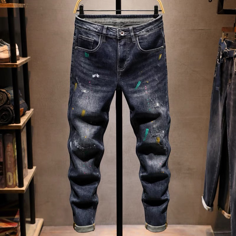 2025新款秋季高端牛仔裤男士修身小脚弹力泼墨潮牌破洞长裤子男款