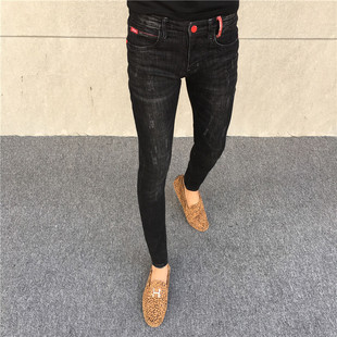 黑色牛仔裤男夏季新款潮流韩版修身小脚裤复古做旧休闲百搭九分裤