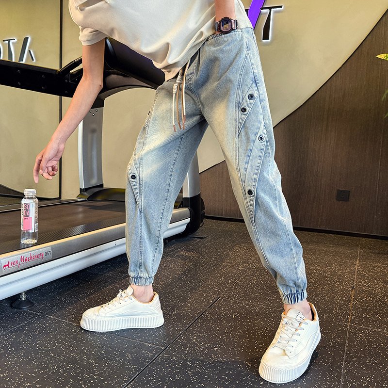 2025春秋新款束脚牛仔裤男个性多口袋弹力哈伦裤潮流痞帅拼接长裤,男装,牛仔裤,淘宝优惠券,粉丝福利购,淘宝优惠卷