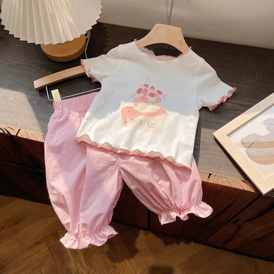 韩版夏装儿童七分裤女小童两件套套装时髦女童衣服荷叶边洋气童装