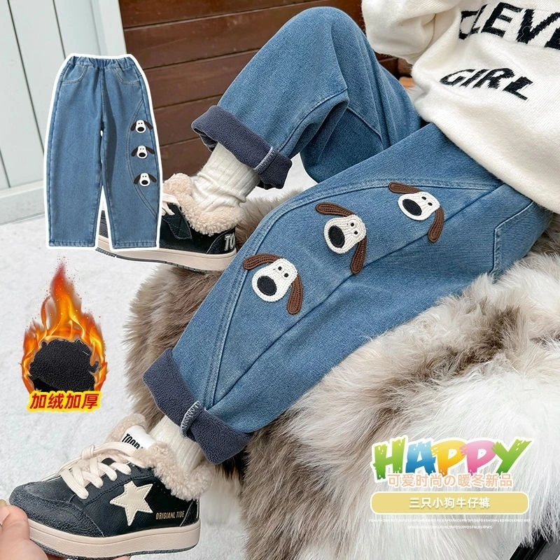儿童加绒软牛仔裤2025秋冬季新款儿童时尚洋气卡通一体绒牛仔裤子