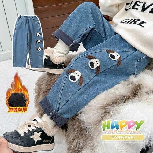 儿童加绒软牛仔裤2025秋冬季新款儿童时尚洋气卡通一体绒牛仔裤子