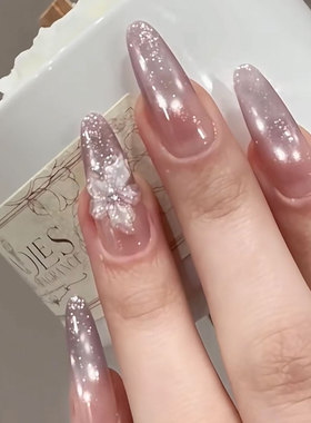 氛围感丁香风铃爆闪淡紫色玻璃珠细闪猫眼小冰花美甲纯手工穿戴甲