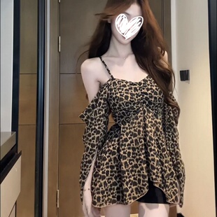 美式辣妹豹纹吊带长袖衬衫女初秋大码不规则收腰显瘦衬衣露肩上衣