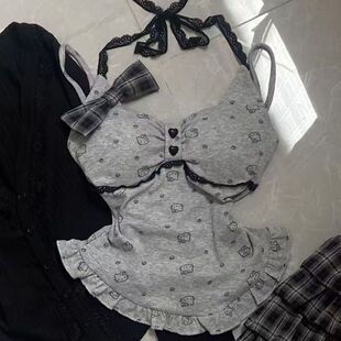 大码日系kitty猫带胸垫卡通蝴蝶结挂脖背心吊带修身300斤显瘦上衣