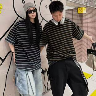 美式复古破洞条纹短袖T恤男女款300斤特大码宽松休闲情侣半袖体恤