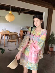 复古印花民族风大码套装夏季2025新款系带胖mm上衣短裤两件套300