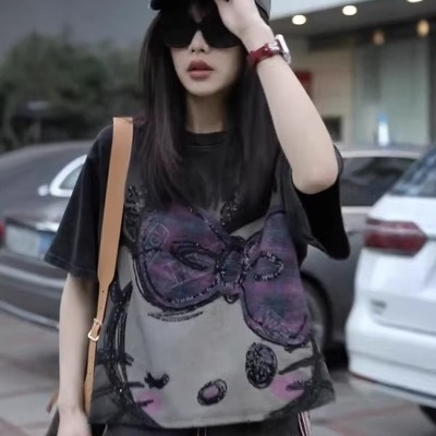 HelloKitty猫亮片印花短袖T恤女